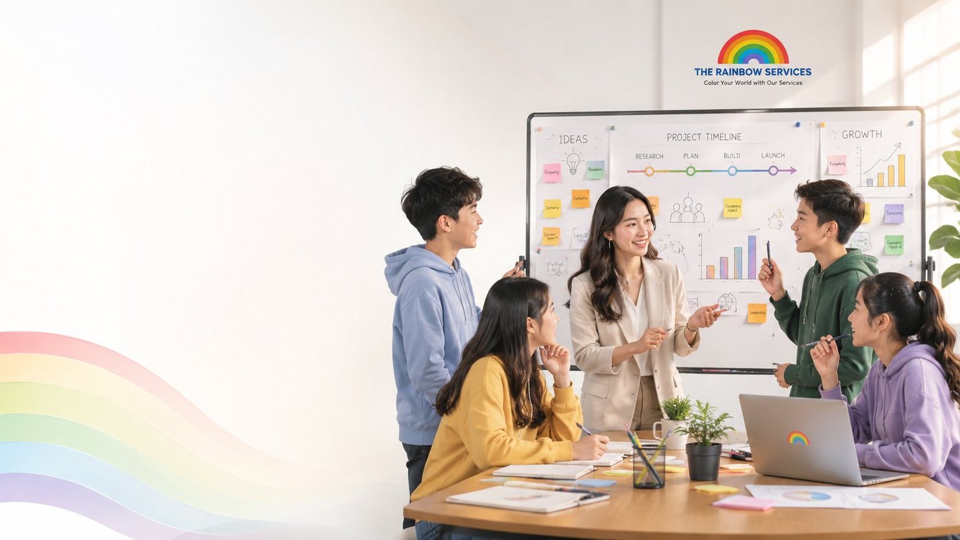 Mentor cùng nhóm học sinh thảo luận quanh bảng kế hoạch dự án