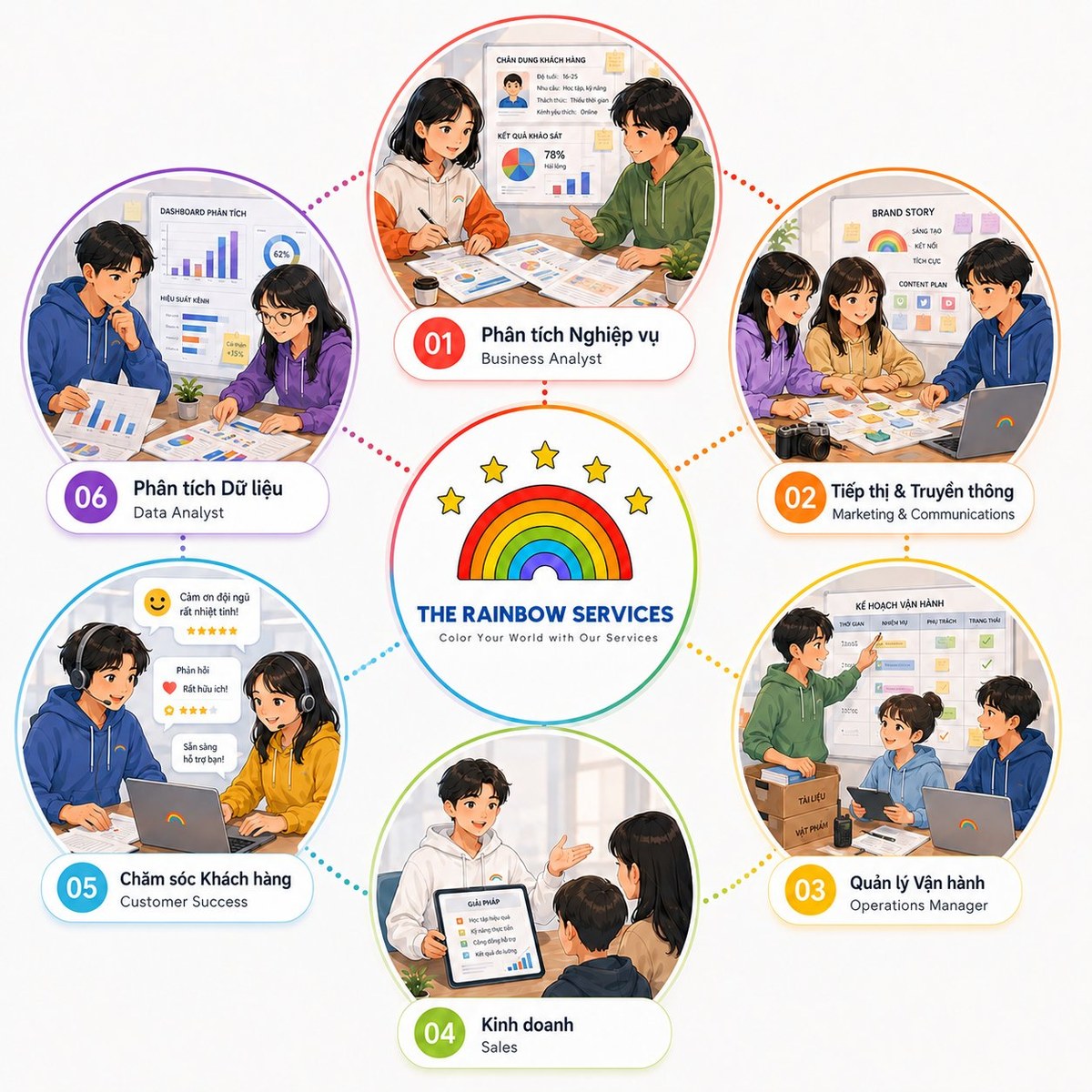 Sơ đồ sáu vai trò: Phân tích Nghiệp vụ, Tiếp thị, Vận hành, Kinh doanh, Chăm sóc Khách hàng, Phân tích Dữ liệu